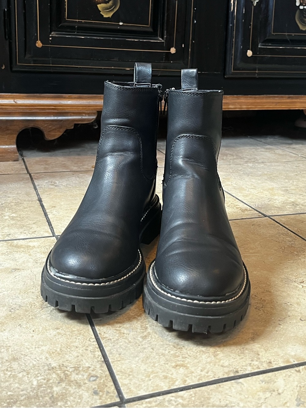 Time and Tru Black Faux Leather Combat Boots with White Contrast Stitching